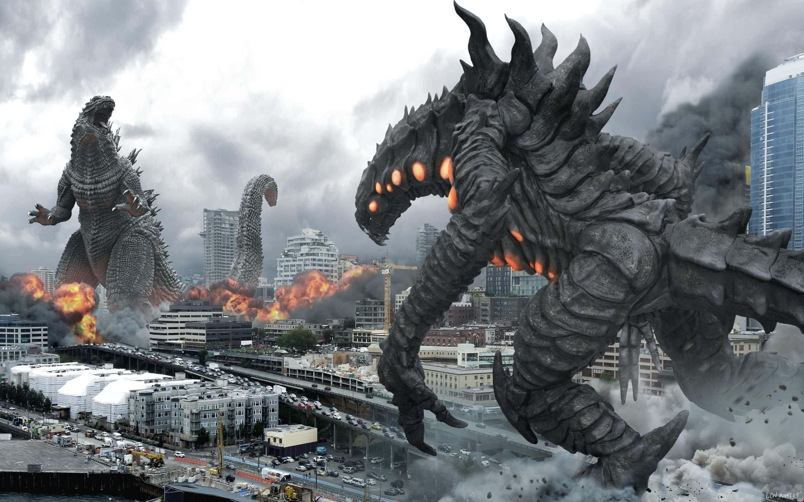Godzilla Vs Kong 桌布 壁紙 — 兩隻巨大的怪物哥斯拉和王者基多拉在煙霧和火焰籠罩的燃燒城市景觀中戰鬥。