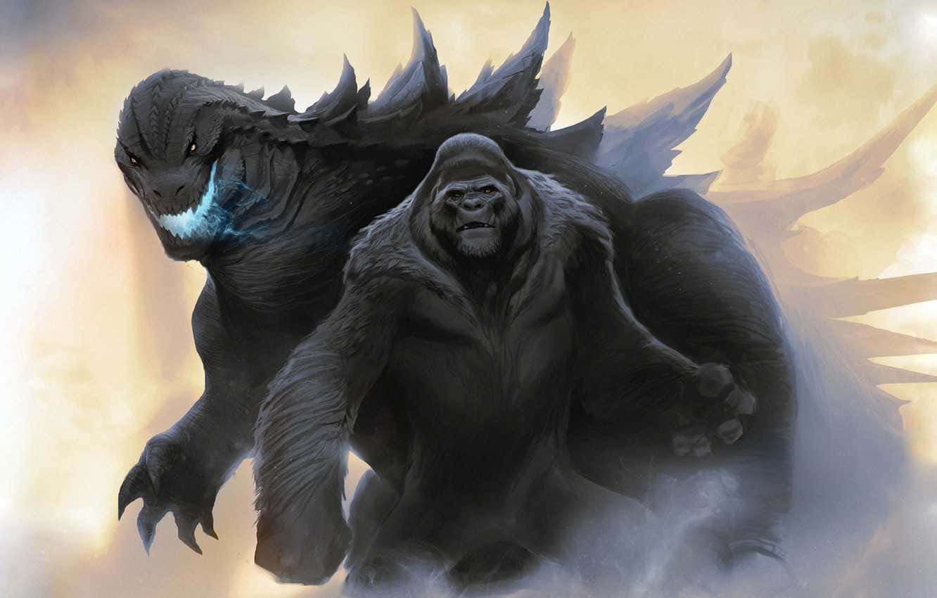 Godzilla Vs Kong 桌布 壁紙 — 兩隻巨大的怪物哥斯拉與金剛在旋轉的煙霧和金色光芒中展開了一場戲劇性的戰鬥。