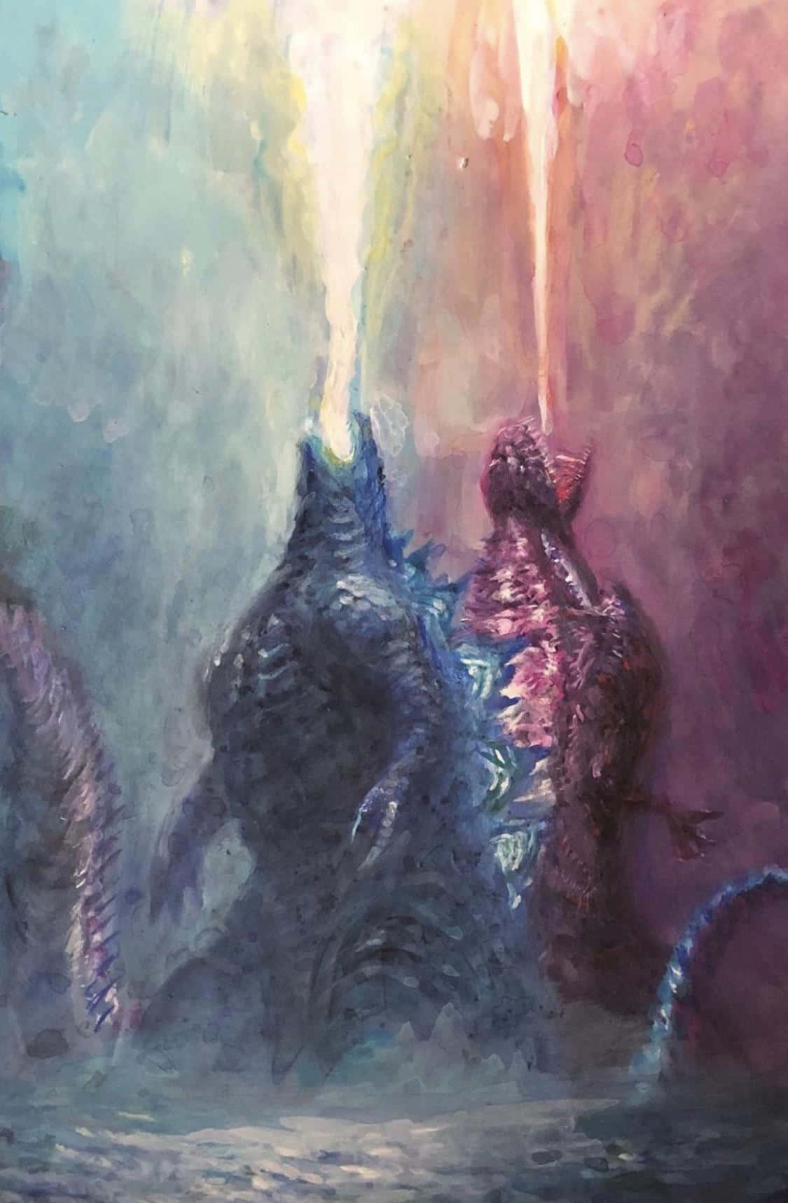 Godzilla Earth 桌布 壁紙 — 兩隻巨大的怪獸在充滿水的深淵中對峙，口中噴射出光束，背景是超現實的漸變天空。