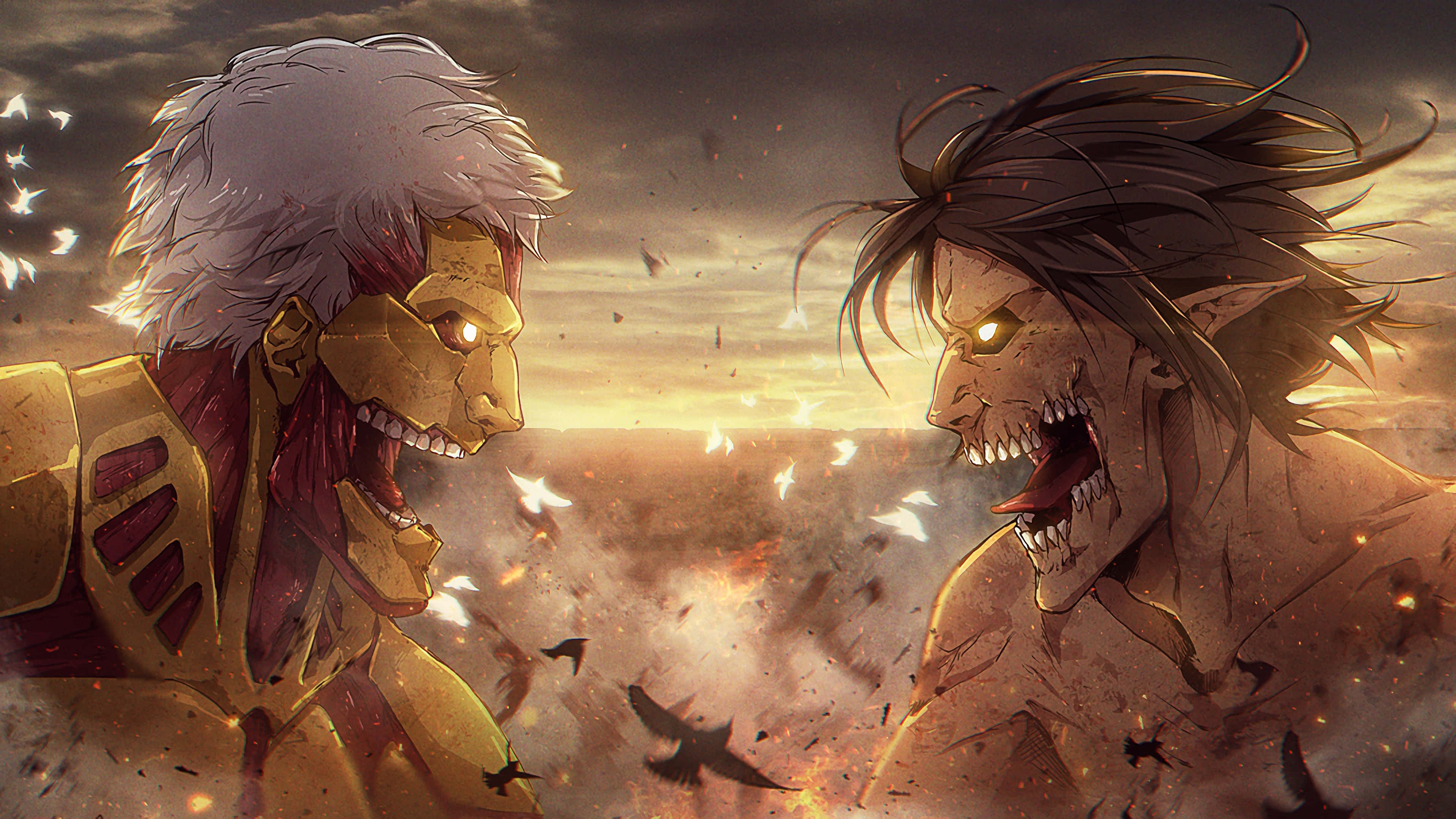 Armored Titan 桌布 壁紙 — 兩隻巨大的泰坦在熾熱的夕陽天空下互相咆哮，鳥兒在它們之間飛翔。