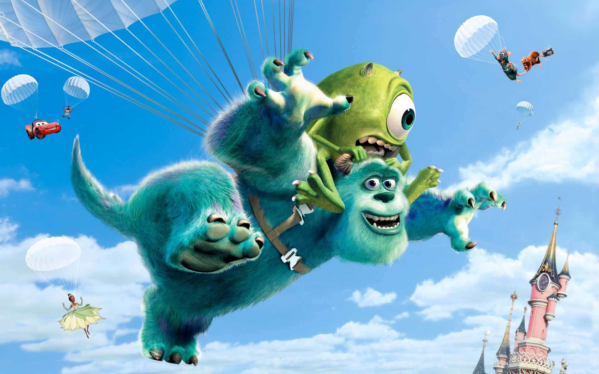 Disney 3d Movies 桌布 壁紙 — 兩隻巨大的藍色怪物快樂地跳傘穿過明亮的藍天，下方可見一座粉紅色的城堡。