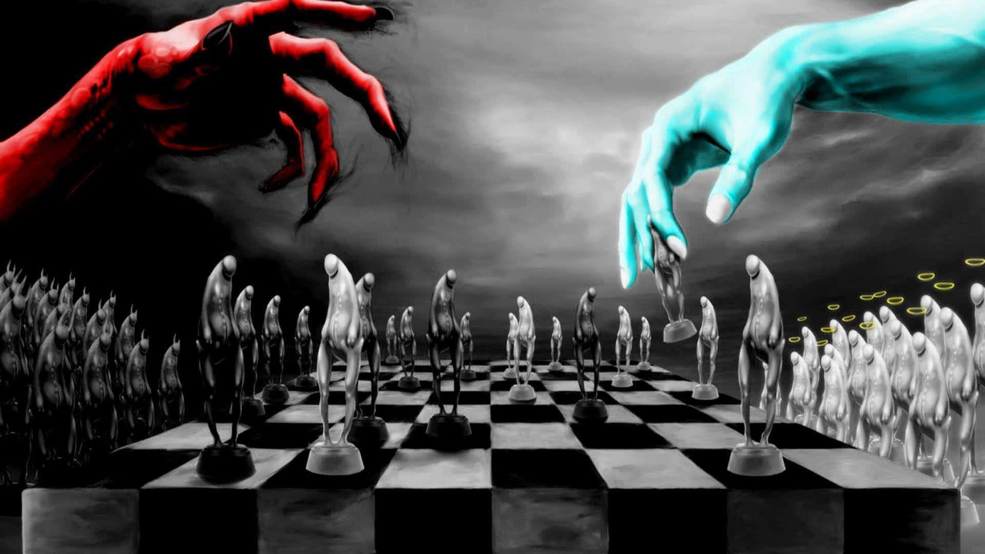 國際象棋 桌布 壁紙 — 兩隻巨手——一隻紅色，一隻青色——在風暴天空下，於黑白分明的棋盤上與人形棋子下棋。