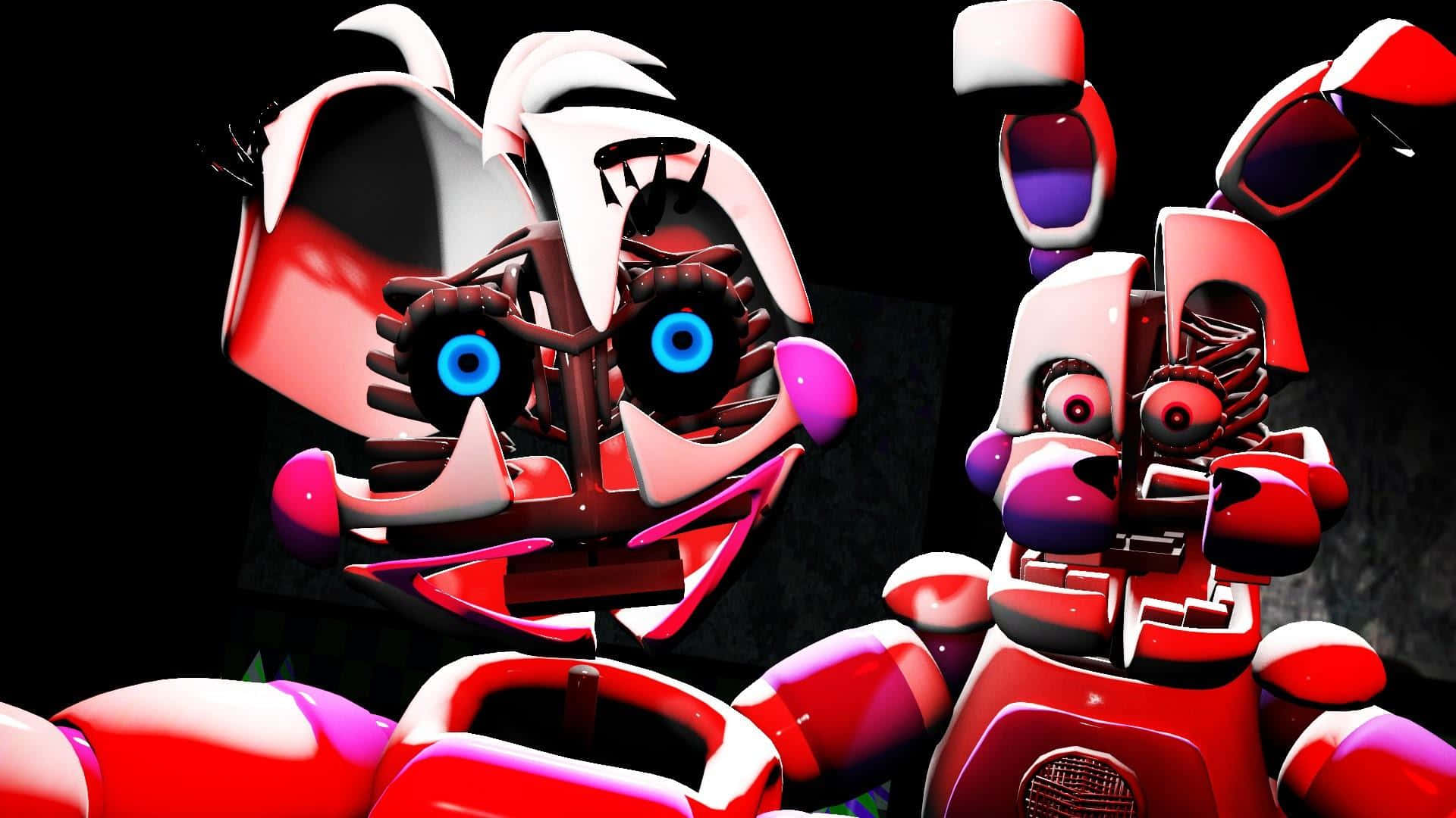 Animatronics 桌布 壁紙 — 兩隻帶有發光藍色眼睛和破損機械面孔的威脅性電子兔，在黑暗背景下強烈凝視。
