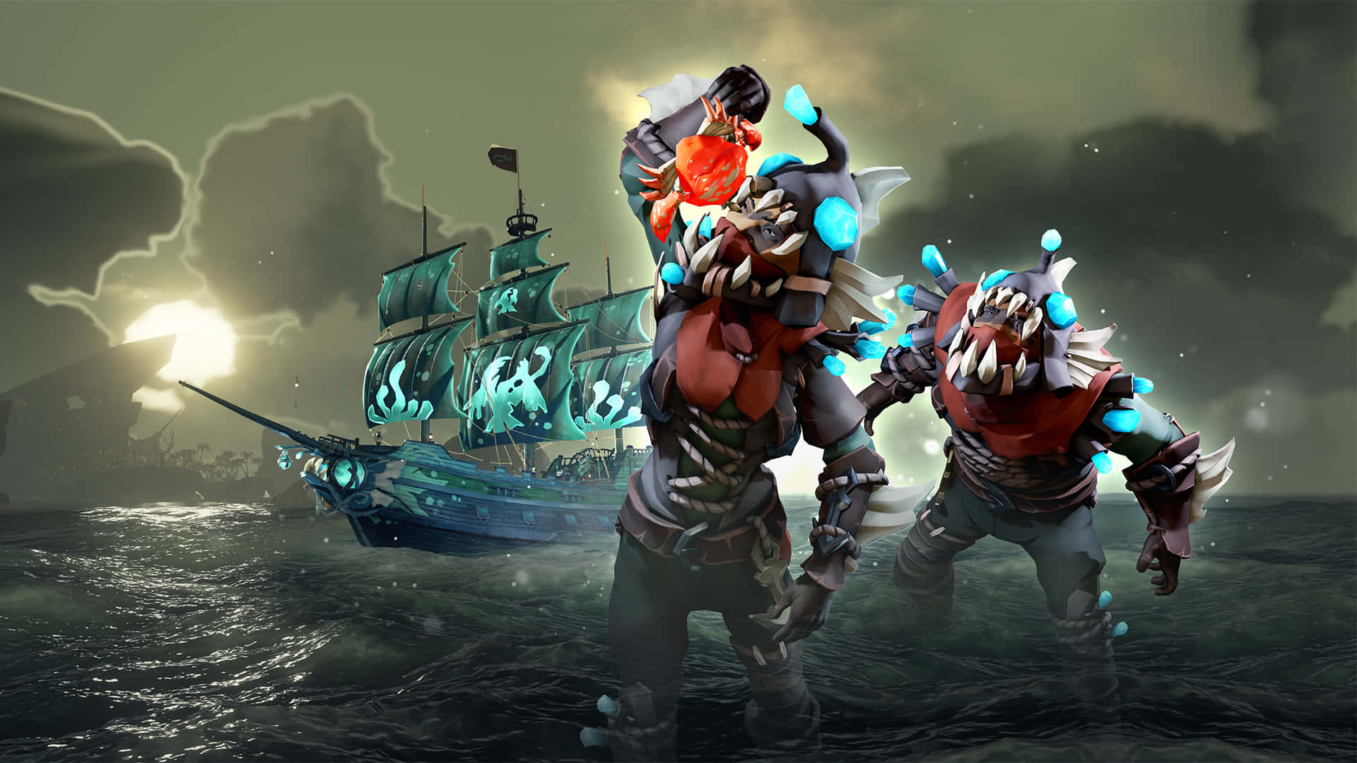 Sea Of Thieves 桌布 壁紙 — 兩隻帶有發光藍色點綴的裝甲海怪站在波濤洶湧的海水中，一艘幽靈海盜船在黑暗的天空下在它們身後航行。