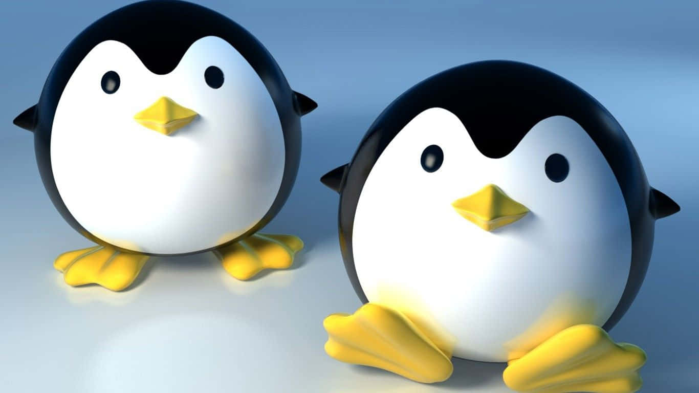 Cool Cartoon 桌布 壁紙 — 兩隻帶有黃色喙和腳的光澤3D渲染企鵝並排站在淺藍色漸變表面上。