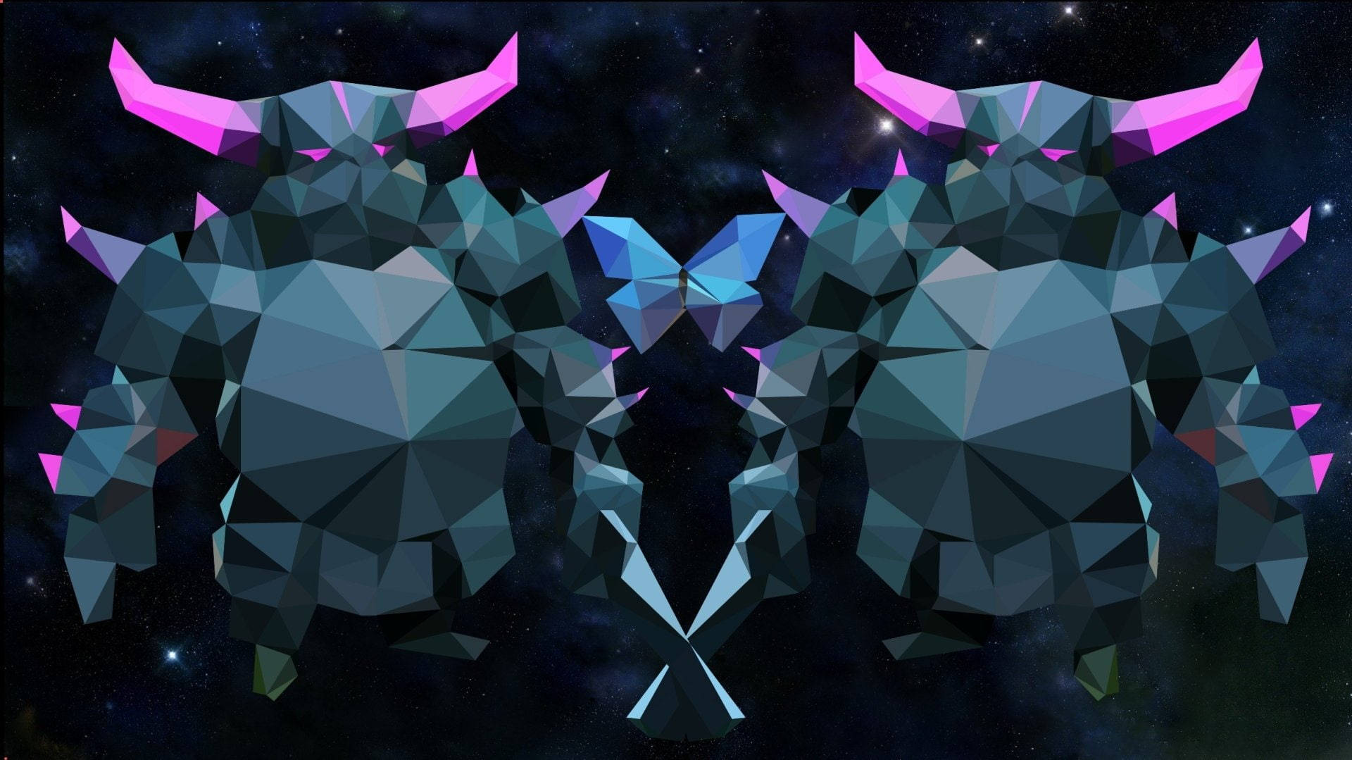 遊戲 桌布 壁紙 — 兩隻幾何低多邊形公牛圖案，帶有粉紅色角，在星空宇宙背景下面對面。