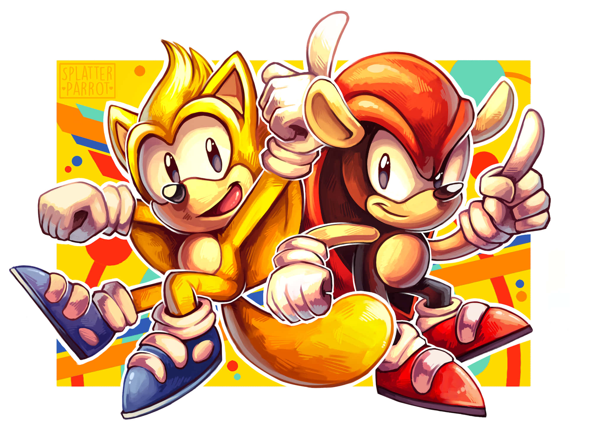 Mighty The Armadillo 桌布 壁紙 — 兩隻快樂擬人化狐狸以動態姿勢豎起大拇指，背景為充滿活力的抽象背景。