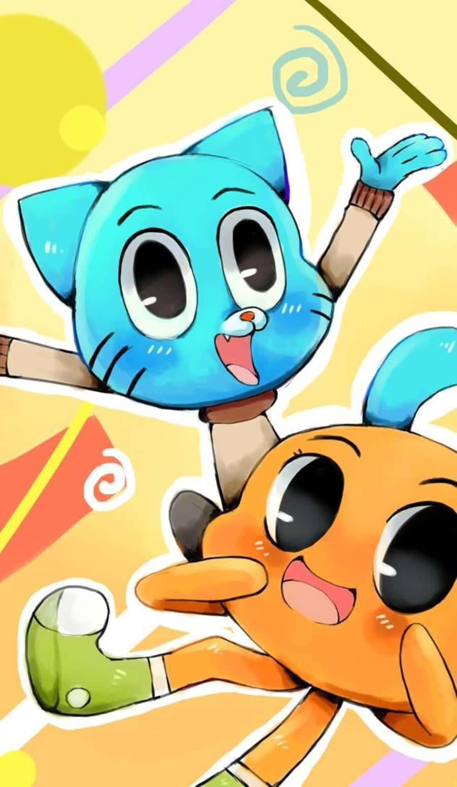 Gumball And Darwin 桌布 壁紙 — 兩隻快樂的卡通貓，一藍一橙，在充滿活力的抽象背景上歡快地跳躍，背景有旋轉的線條和明亮的幾何形狀。