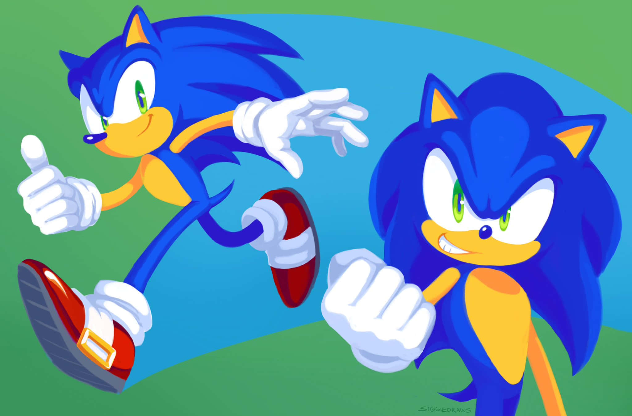 Modern Sonic 桌布 壁紙 — 兩隻快樂的藍色刺蝟以經典卡通風格，在充滿活力的綠色和藍色漸變背景前豎起大拇指。