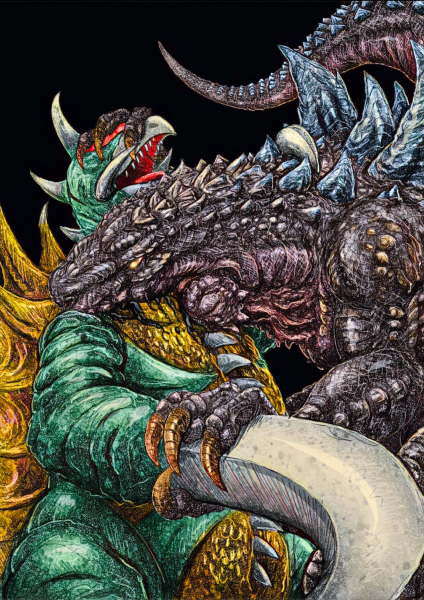 Godzilla Vs Gigan 桌布 壁紙 — 兩隻怪獸級巨獸在黑色虛空中以鋒利爪子和發光眼睛進行殘酷戰鬥。