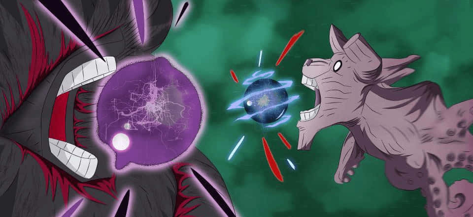 Gyuki 桌布 壁紙 — 兩隻怪獸般的動畫生物在暗綠色虛空中咆哮，碰撞能量球。