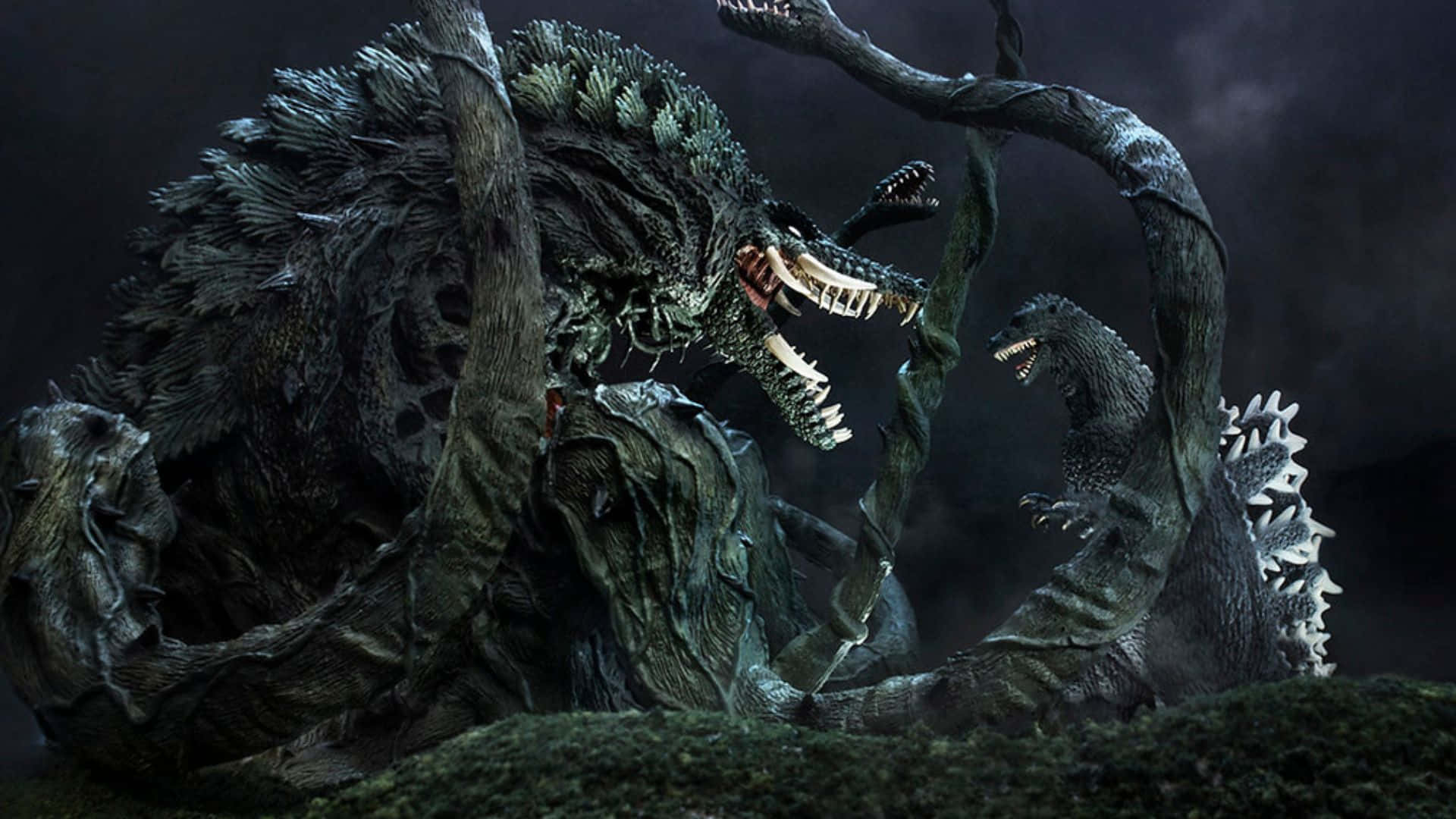 Godzilla Vs Biollante 桌布 壁紙 — 兩隻怪獸般的哥斯拉-like生物在黑暗暴風雨的森林中碰撞，樹木扭曲，眼睛發光。