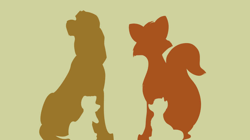 the fox and the hound 桌布 壁紙 — 兩隻成年狗和兩隻小狗的剪影並排坐在柔和的綠色背景上。