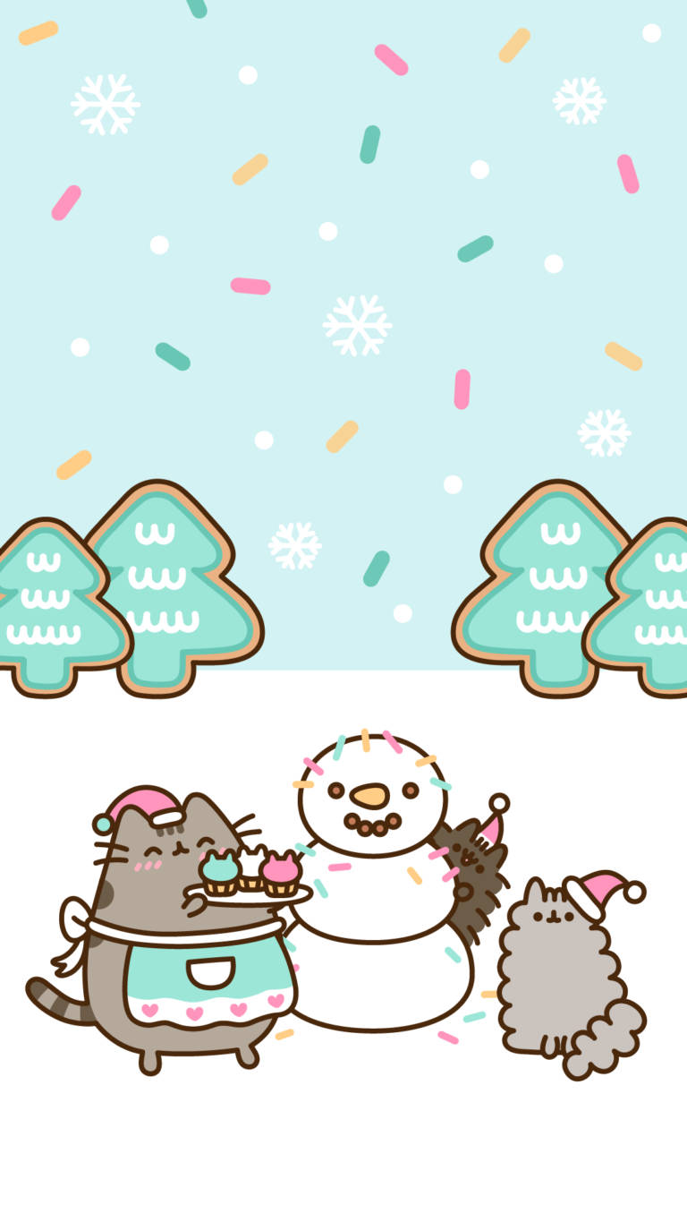 可愛貓咪 桌布 壁紙 — 兩隻戴聖誕帽的貓咪與雪人及紙杯蛋糕在飄雪和彩色糖粒下慶祝。