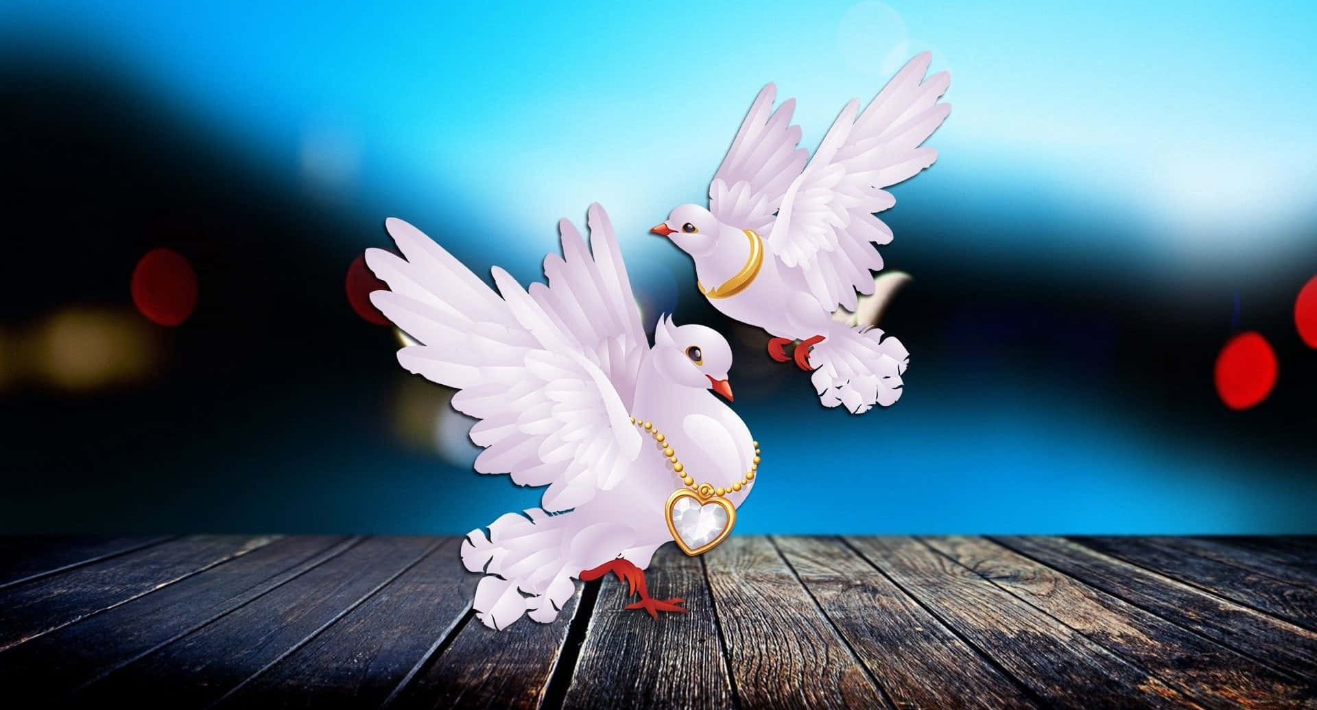 pigeon 桌布 壁紙 — 兩隻戴著金色心形項鍊的白鴿在一個飽經風霜的木甲板上方翱翔，背景是充滿活力的藍天和紅色散景燈光。