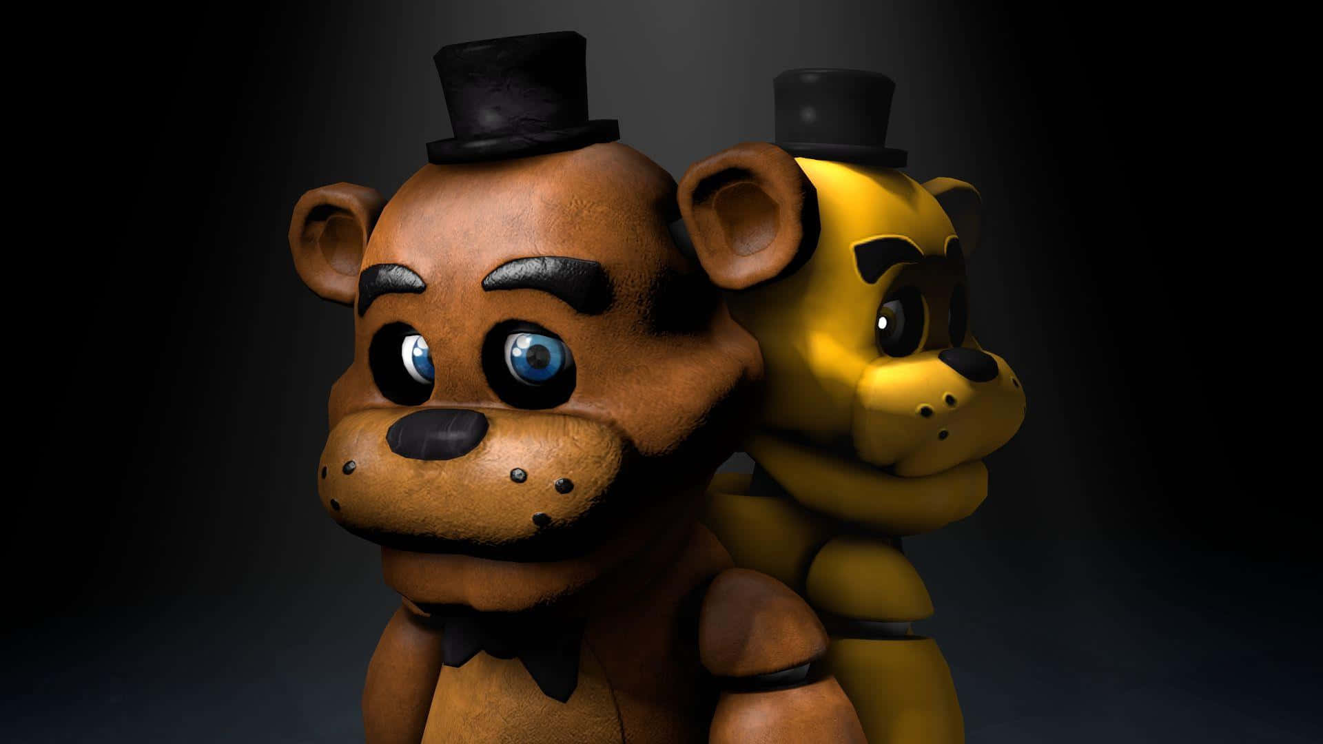 Golden Freddy 桌布 壁紙 — 兩隻戴高帽的電子熊在昏暗燈光下站立，眼睛大而圓，質感磨損。