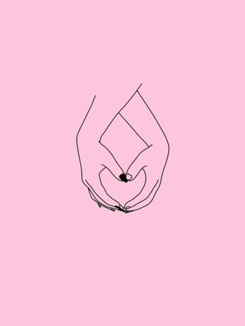 Heart Shape 桌布 壁紙 — 兩隻手以極簡線條藝術輕輕捧著一個黑色小愛心，背景為柔和粉紅色。