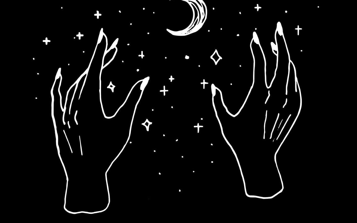 Witchy 桌布 壁紙 — 兩隻手向上伸向新月和星星，以鮮明的黑白線條藝術插圖呈現。