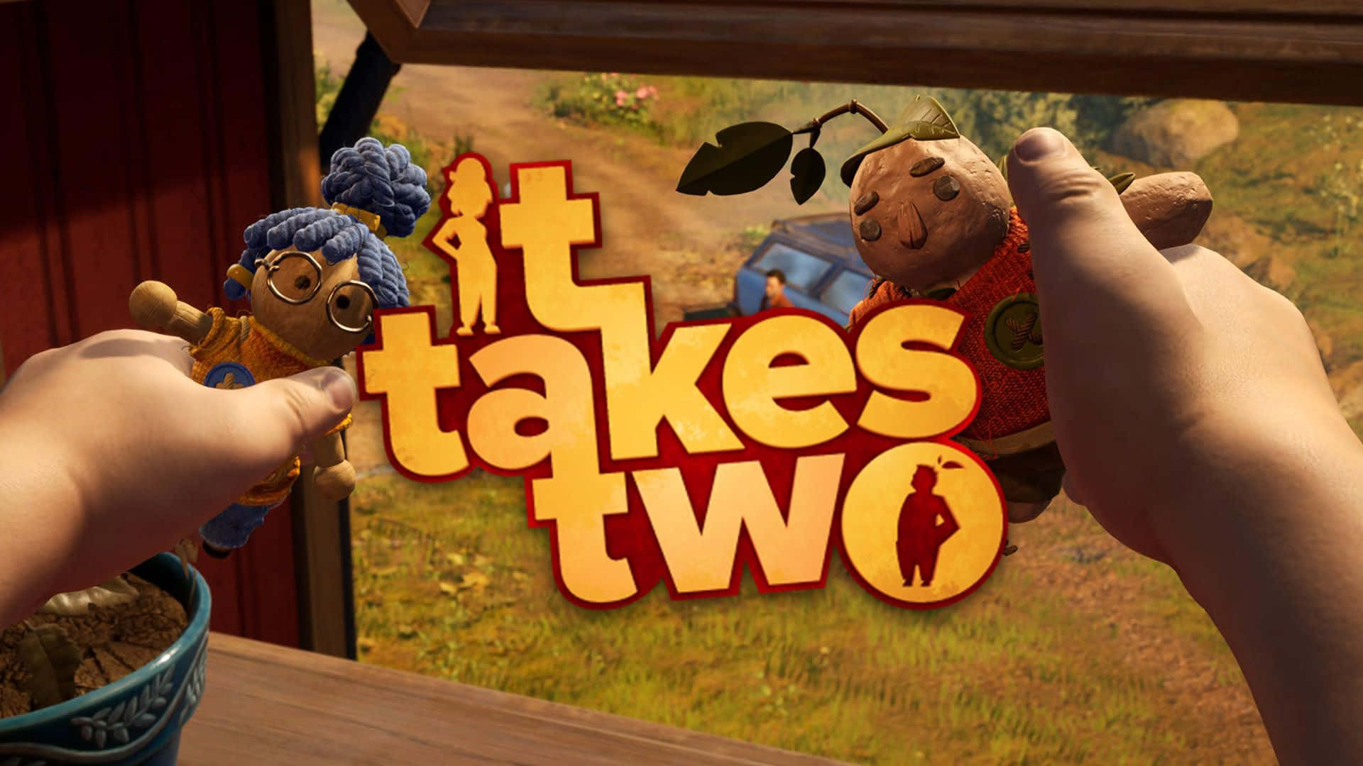 it takes two 桌布 壁紙 — 兩隻手喺窗前面攬住毛公仔，遊戲標題「It Takes Two」以粗體黃色字發光。