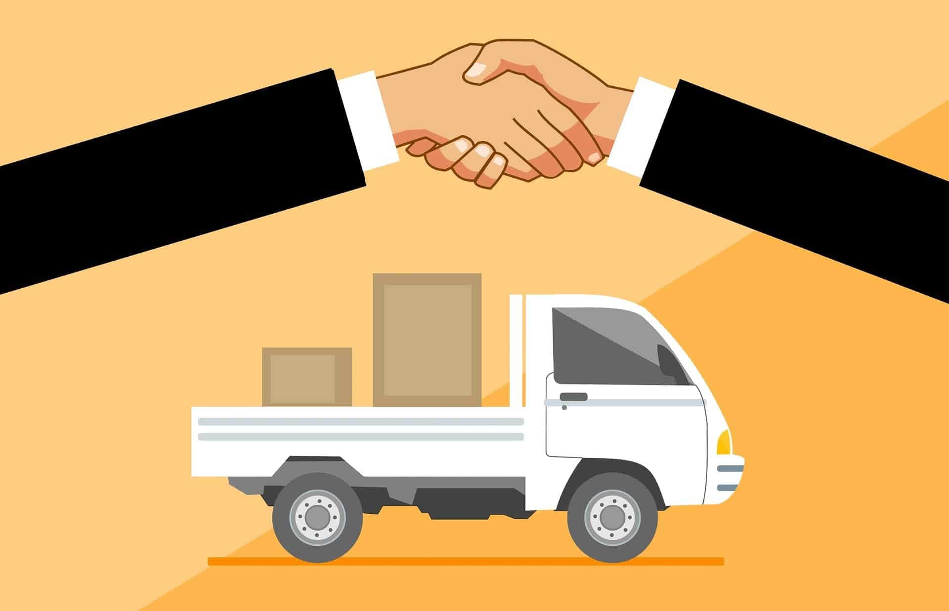 Sales 桌布 壁紙 — 兩隻手在裝滿盒子的白色送貨車上方握手，背景是溫暖的橙色。
