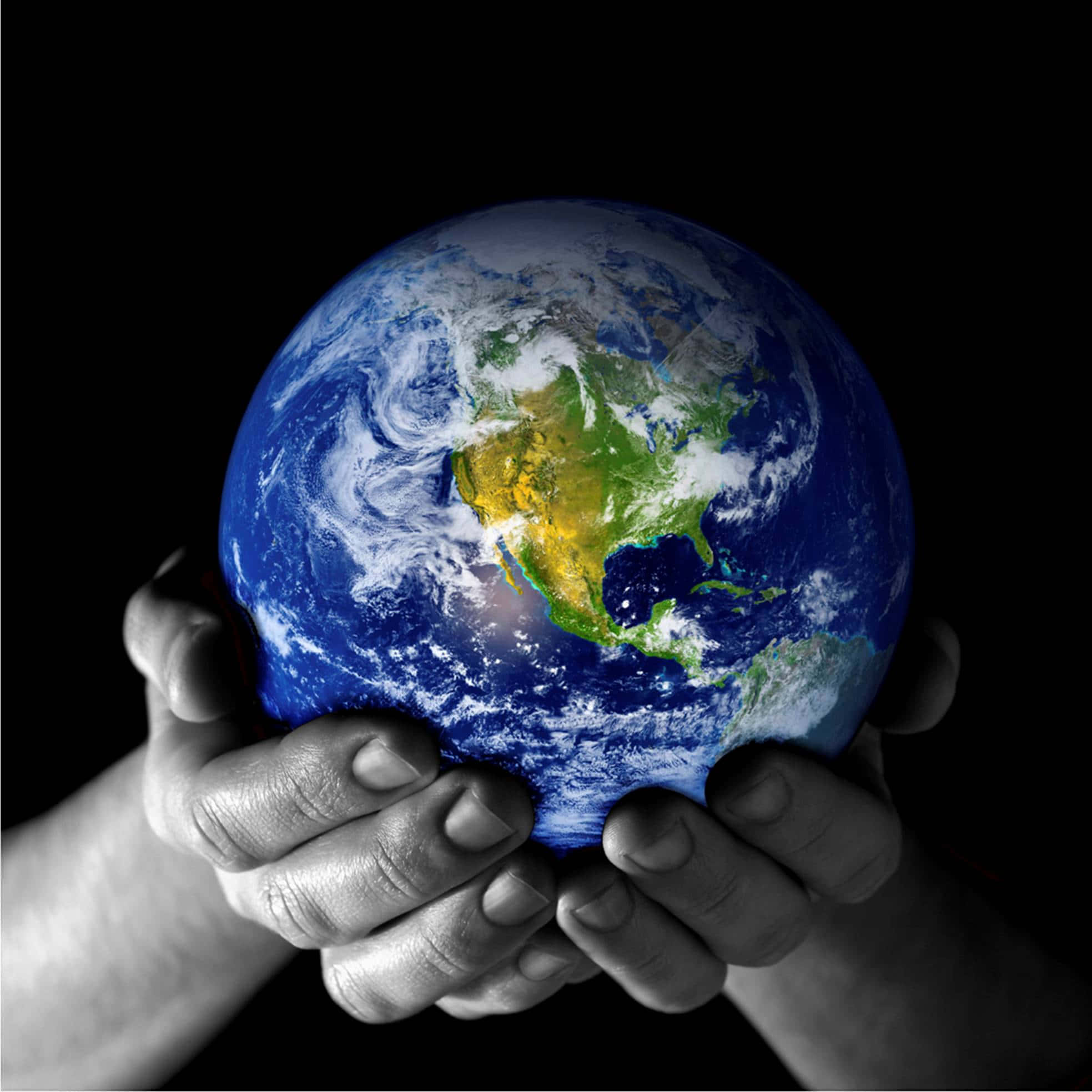 World 桌布 壁紙 — 兩隻手捧著一顆鮮豔的藍色地球，背景是純黑色，強調全球關懷。