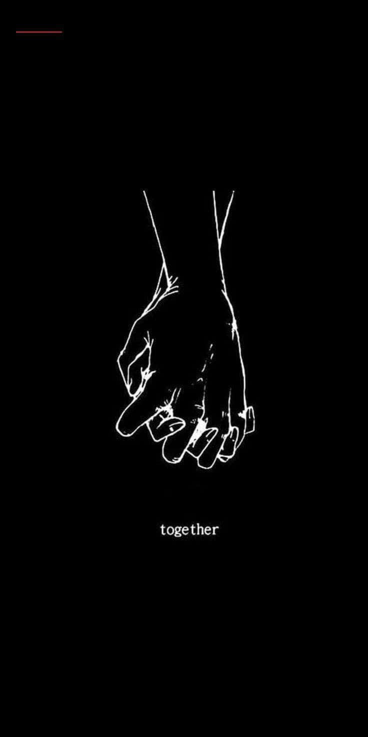 Lovers 桌布 壁紙 — 兩隻手緊握，以極簡白色線條繪製在純黑背景上，下方有together字樣。