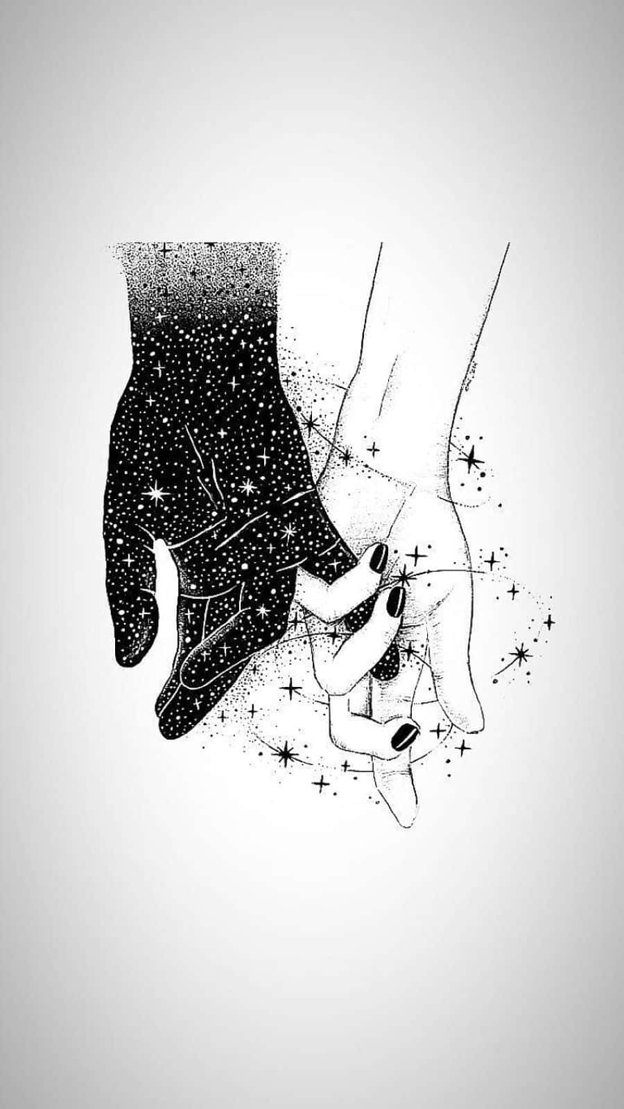 Black Couple 桌布 壁紙 — 兩隻手緊握在一起，其中一隻手充滿星星和圓點，背景為純色。