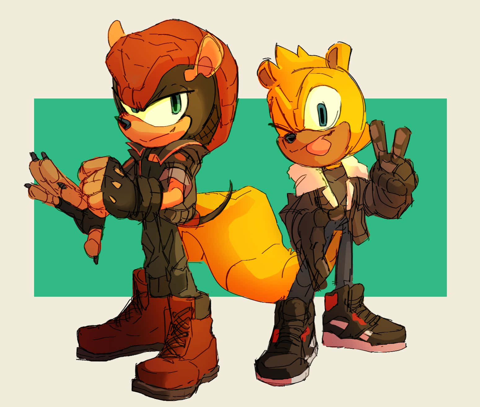 Mighty The Armadillo 桌布 壁紙 — 兩隻擬人化狐狸身穿戰鬥裝備，在青綠色塊狀背景前自信地擺姿勢。