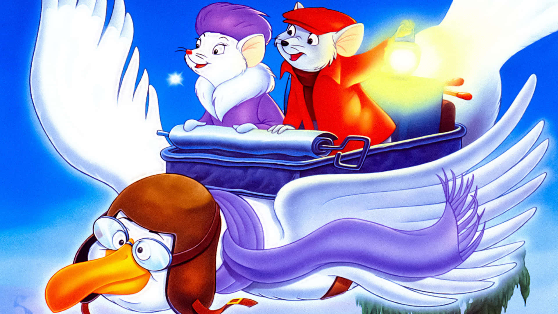The Rescuers Down Under 桌布 壁紙 — 兩隻擬人化老鼠坐在一個行李箱裏，由一隻有翅膀和圍巾的飛翔企鵝搭載，背景是明亮的藍天。
