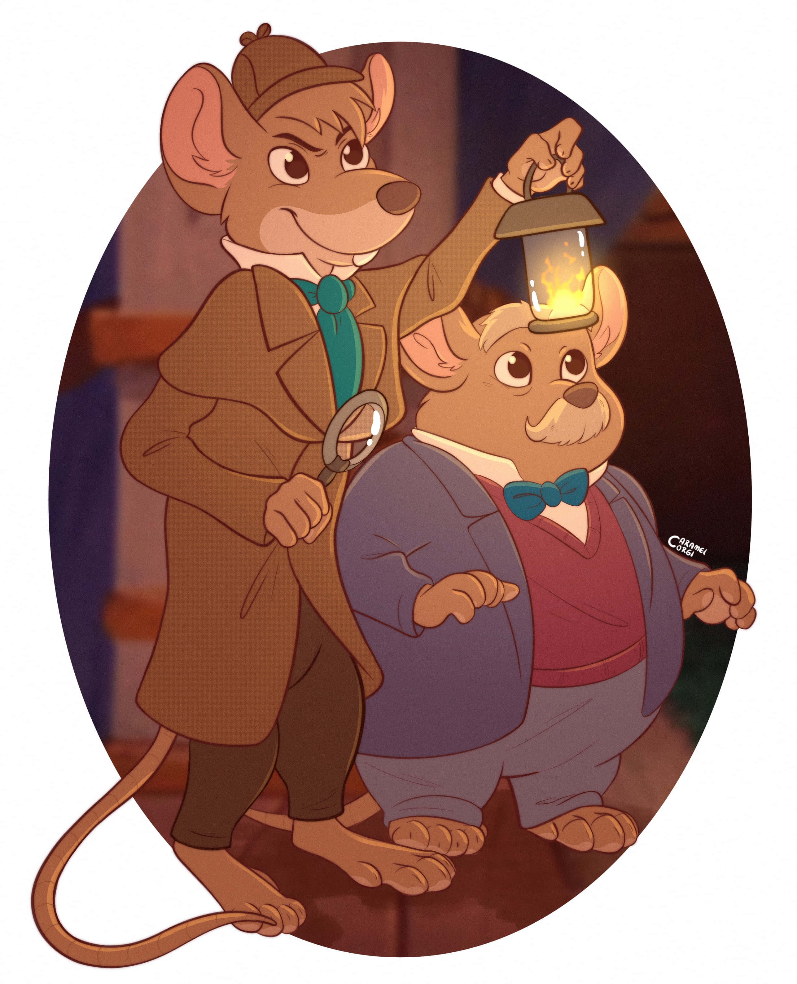 The Great Mouse Detective 桌布 壁紙 — 兩隻擬人化老鼠穿著偵探服裝站在一起，一隻拿著燈籠，另一隻拿著放大鏡，在溫暖照明的橢圓形框架內。
