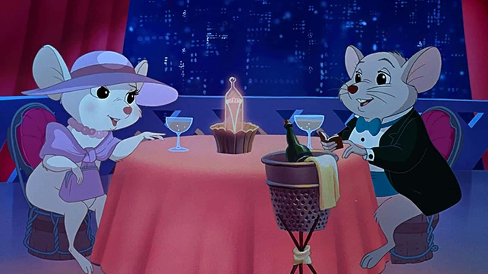 The Rescuers Down Under 桌布 壁紙 — 兩隻擬人化老鼠穿著正式服裝，在星空下共享浪漫燭光晚餐。