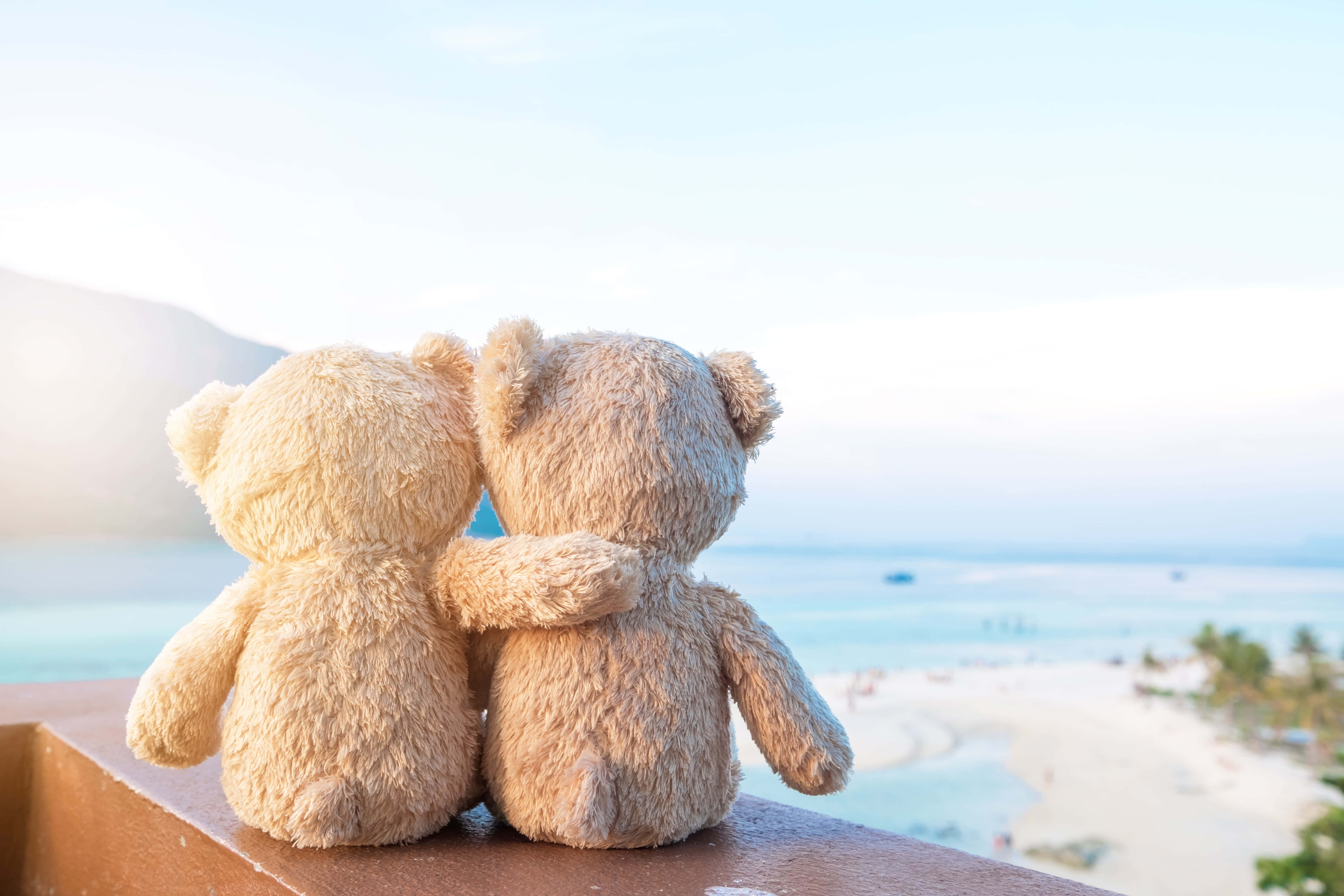Beach Lovers 桌布 壁紙 — 兩隻毛絨玩具熊背對背坐在欄杆上，俯瞰日出時寧靜的熱帶海灘。