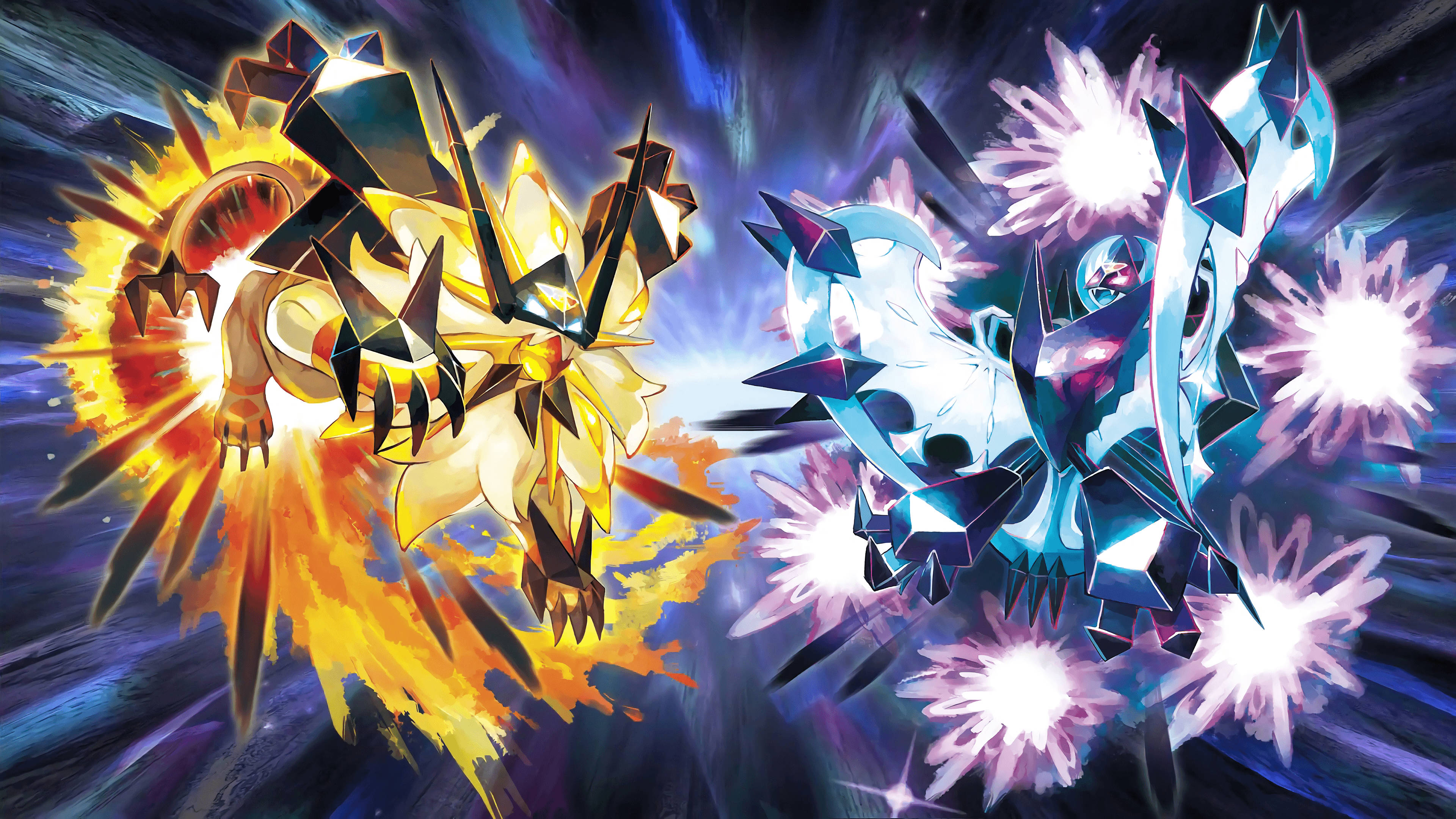 Pokémon Ultra Sun & Ultra Moon 4K 壁紙 — 兩隻水晶寶可夢在宇宙星空背景下，以火熱金色與冰冷藍色激烈碰撞。