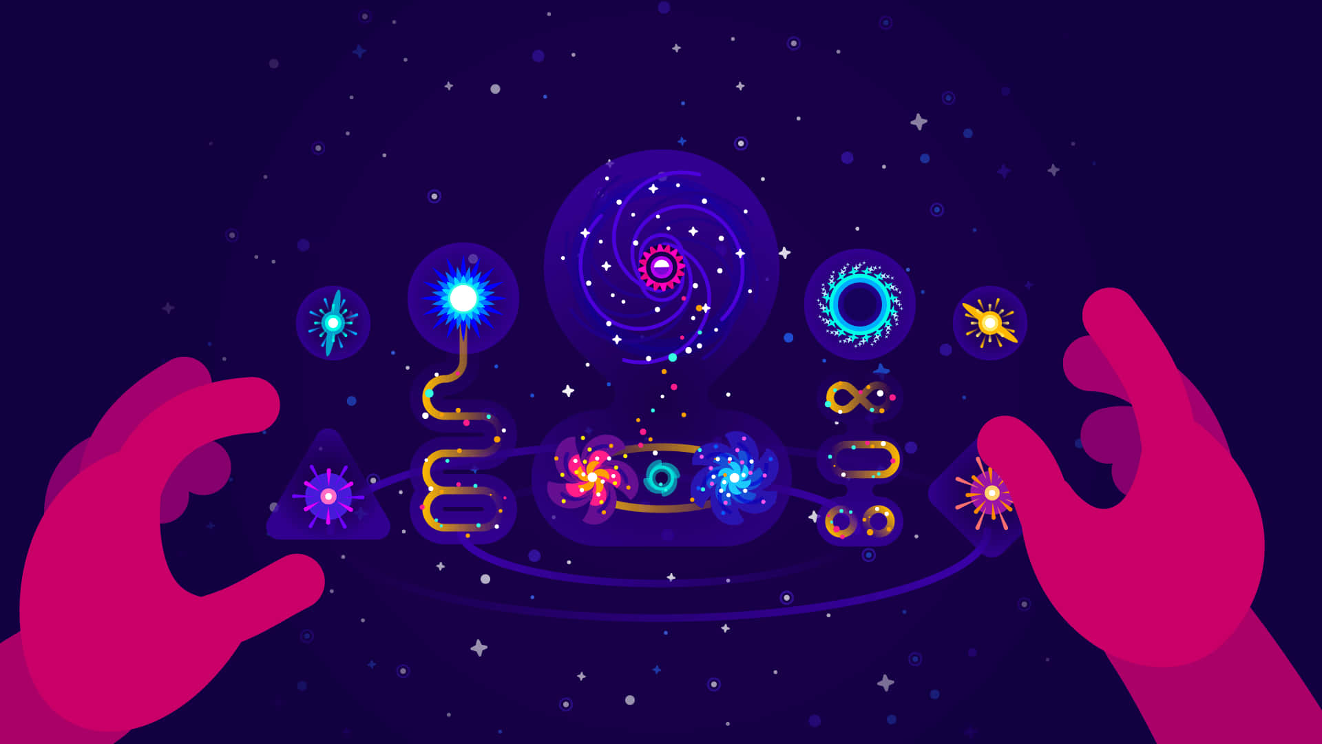 Kurzgesagt 壁紙 — 兩隻洋紅色嘅手輕輕托住發光嘅宇宙符號，背景係佈滿星星嘅紫色虛空。