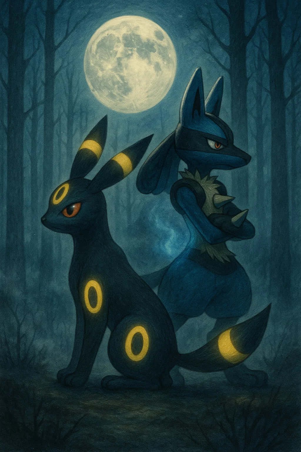 Umbreon Pokemon 4K HD Wallpaper WEBP MOBILE Backgrounds 壁紙 — 兩隻深藍色嘅寵物小精靈帶有發光黃色標記，坐喺滿月下嘅迷霧森林入面。