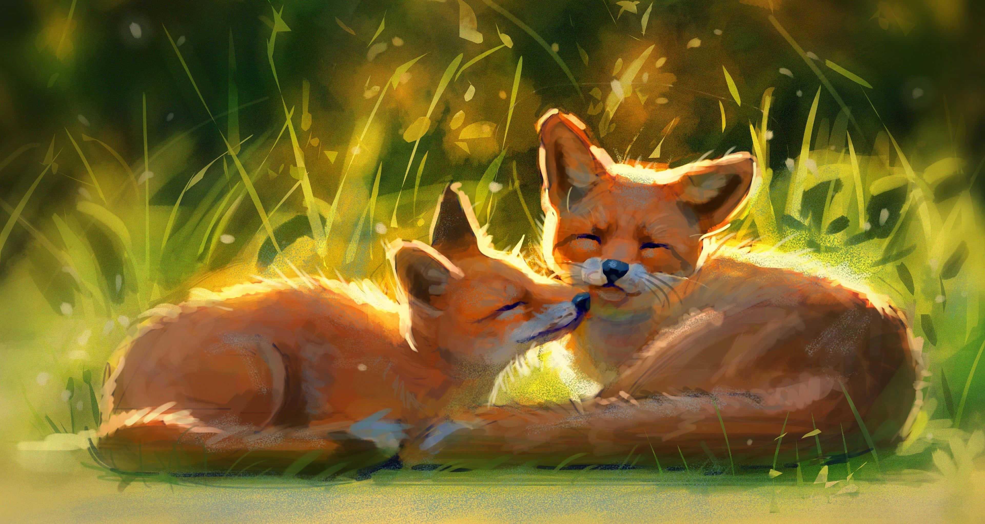 Kawaii Fox 桌布 壁紙 — 兩隻狐狸在陽光照耀的草地上平靜地休息，溫暖的金色光線穿過樹葉灑落下來。