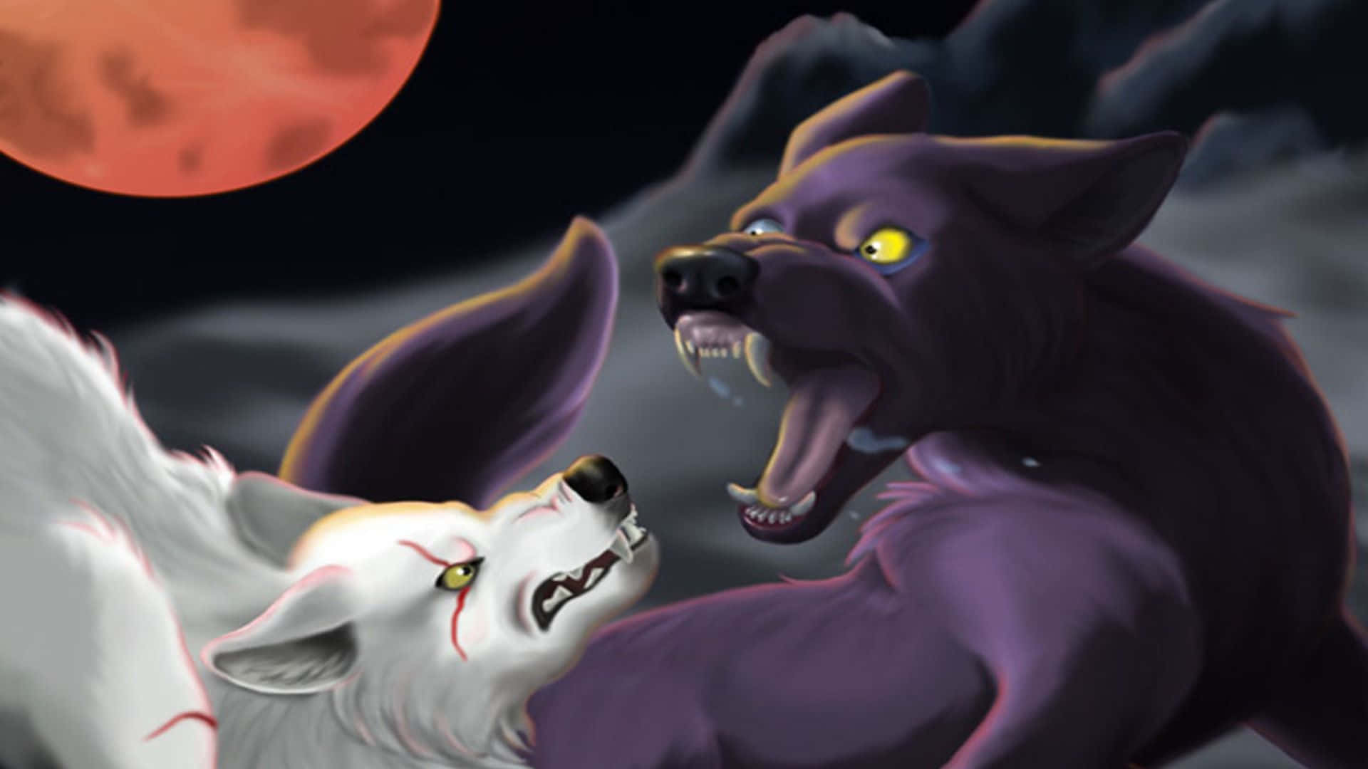 Wolf's Rain Darcia 桌布 壁紙 — 兩隻狼——一隻白色帶紅色斑紋，一隻深紫色——在風暴雲層襯托下，於一輪發光的紅月下兇猛咆哮。