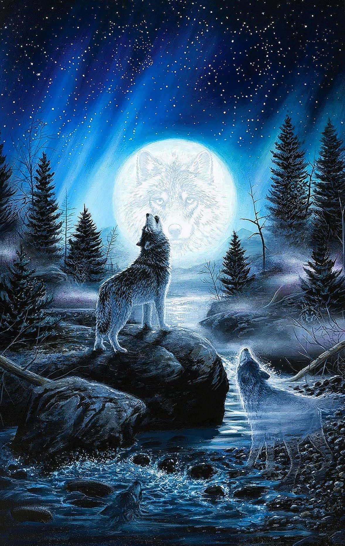 Howling Wolf 桌布 壁紙 — 兩隻狼在明亮的月亮下嚎叫，月亮上投射著狼的臉，周圍是白雪覆蓋的松樹和繁星點點的夜空。