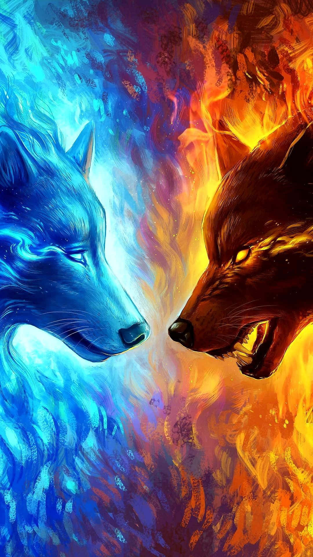 Red Wolf 桌布 壁紙 — 兩隻狼對峙——一隻冰藍冷靜，另一隻火橙咆哮——背景是旋轉的元素。
