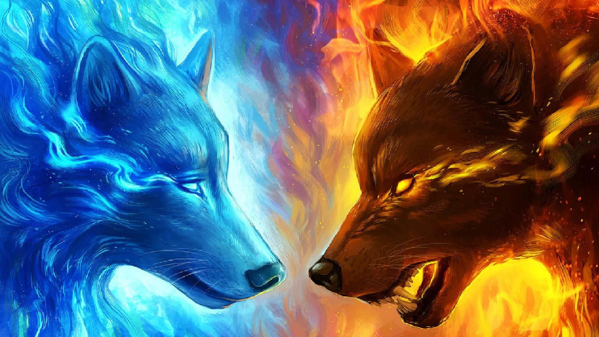 Wolf Art 桌布 壁紙 — 兩隻狼對峙——一隻冰藍色，一隻火橙色——陷入戲劇性的元素衝突。