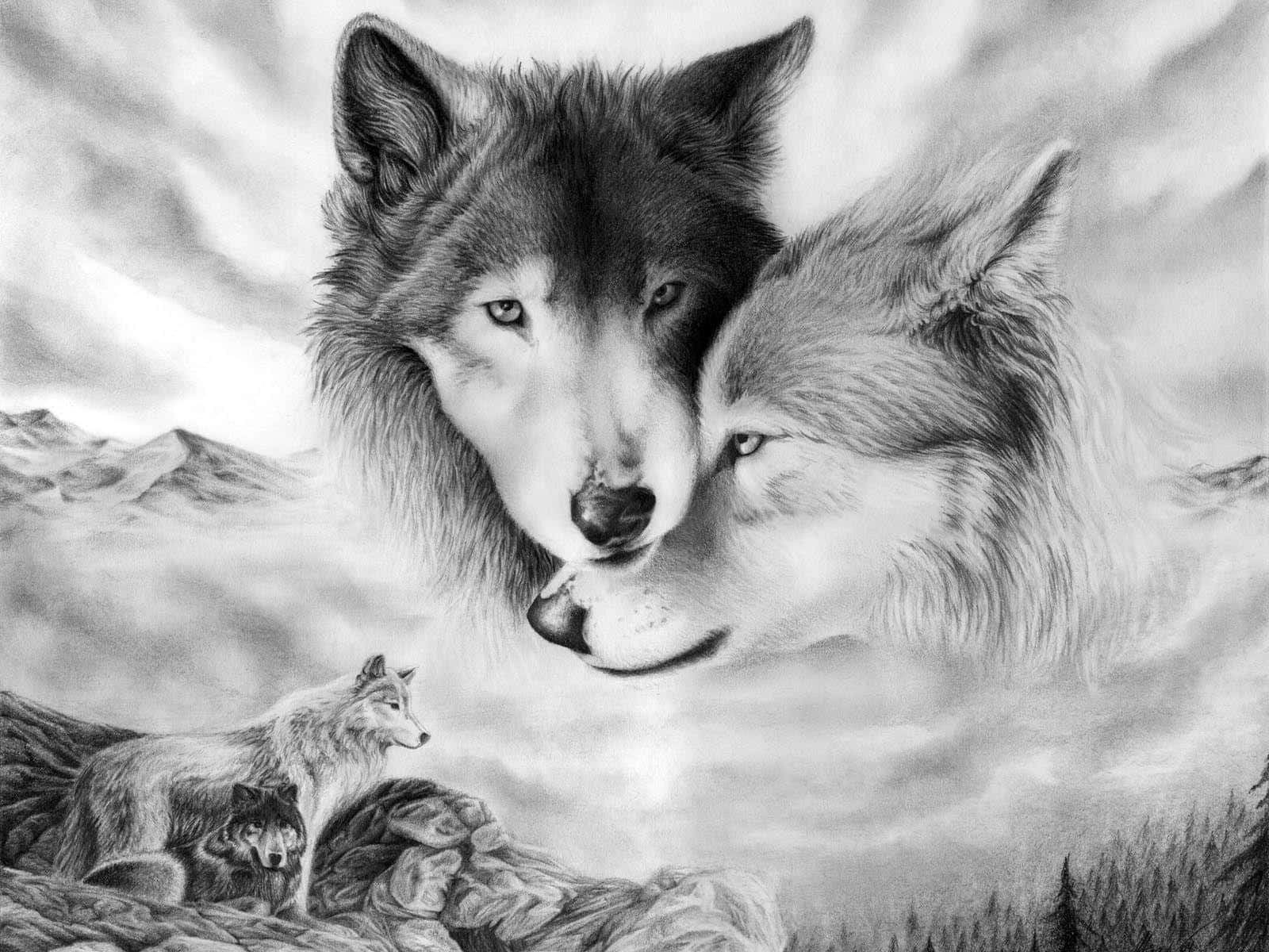 3d Wolf 桌布 壁紙 — 兩隻狼從霧氣籠罩的山峰上凝視，另外兩隻在下方休息的單色鉛筆畫。
