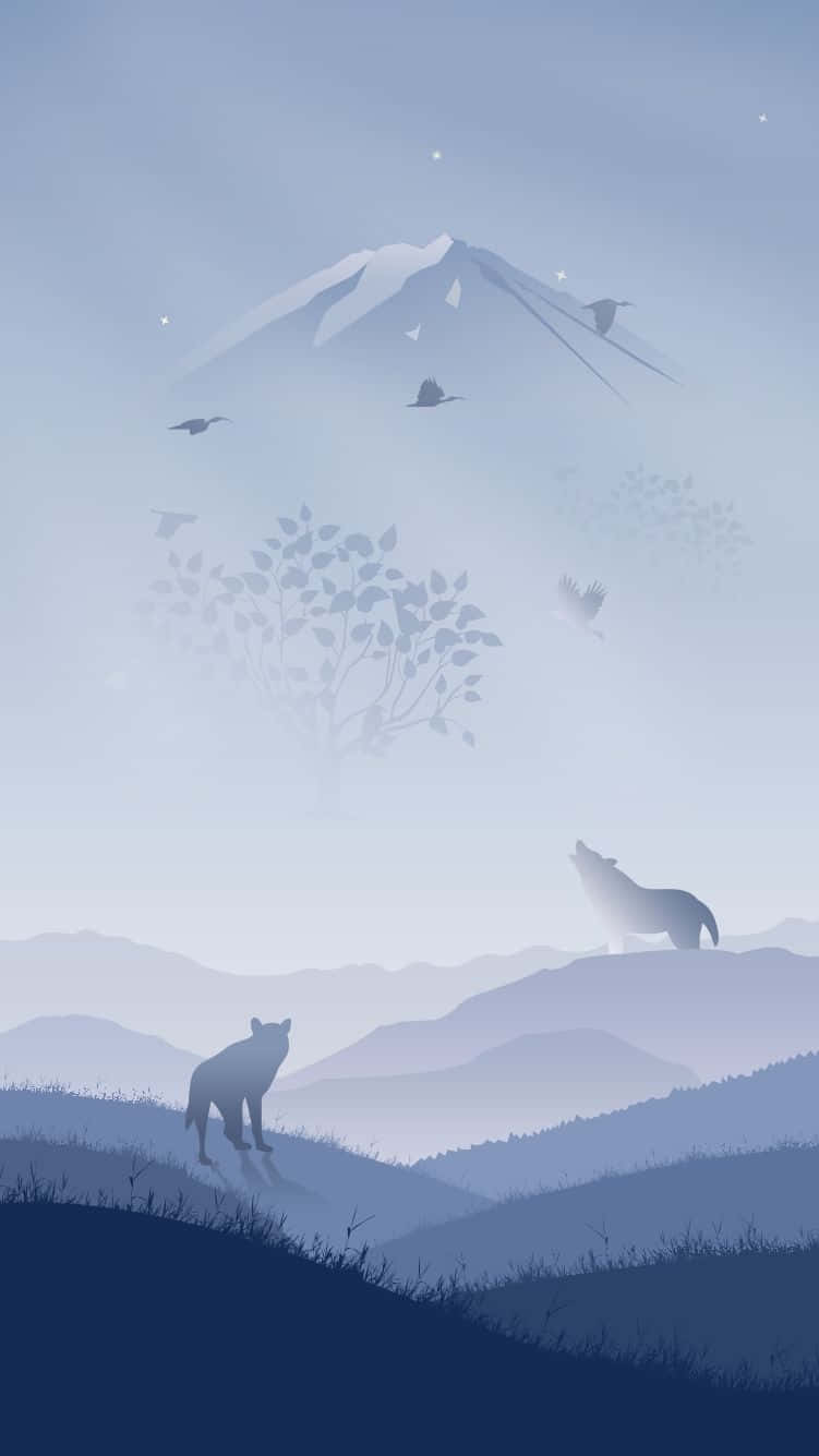 Winter Art 桌布 壁紙 — 兩隻狼站在霧氣瀰漫的山丘上，星空下有一座積雪的山峰和飛鳥，以柔和的藍色調呈現。