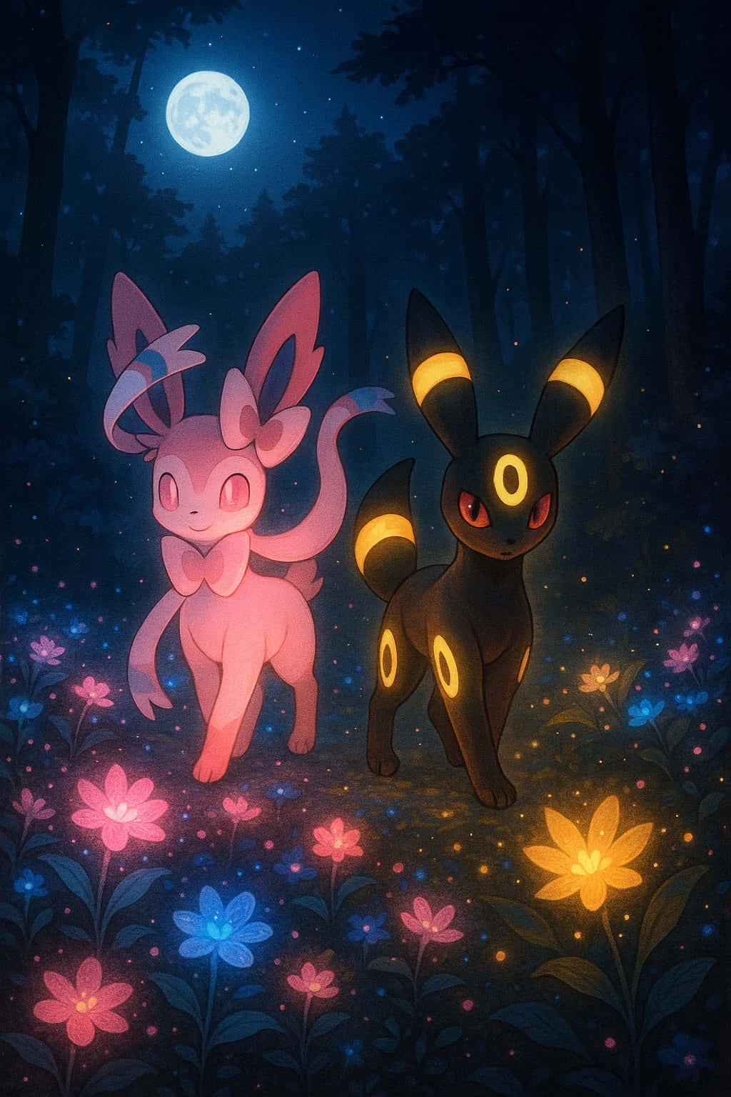 Umbreon Pokemon 4K HD Wallpaper WEBP MOBILE Backgrounds 壁紙 — 兩隻發光的寶可夢伊貝和月伊貝站在月光照耀的森林中，周圍是滿月下的生物發光花朵。