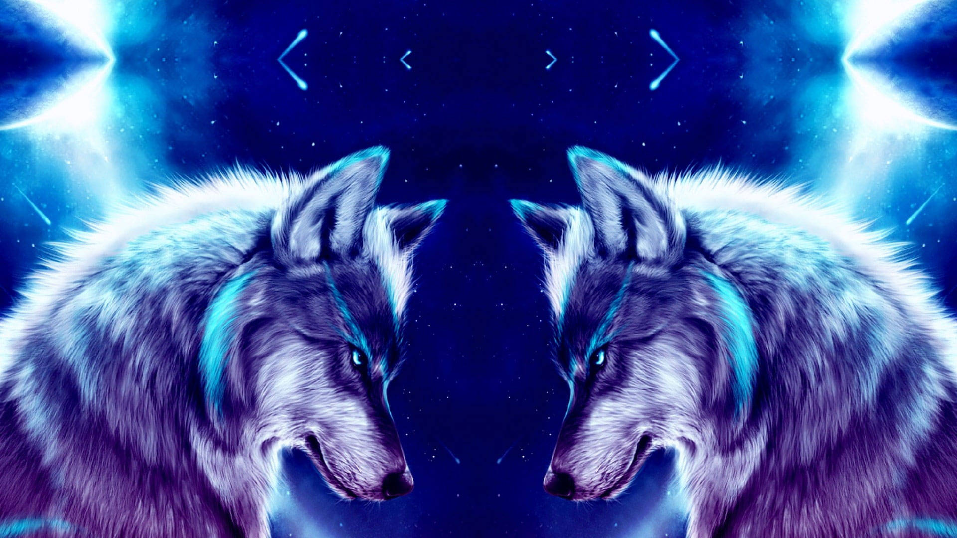 Cool Wolf 桌布 壁紙 — 兩隻發光的狼在宇宙藍色星空中面對面，伴隨著耀眼的光束。