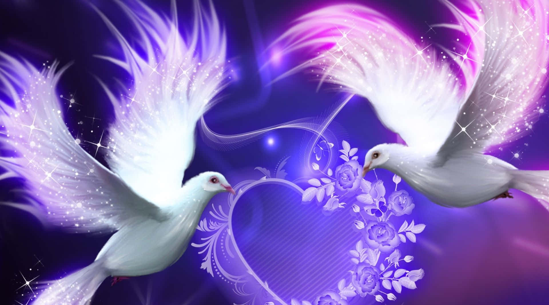 Dove 桌布 壁紙 — 兩隻發光的白鴿閃爍著翅膀，在一個飾有花卉漩渦的閃耀紫色心形上方互相飛近。