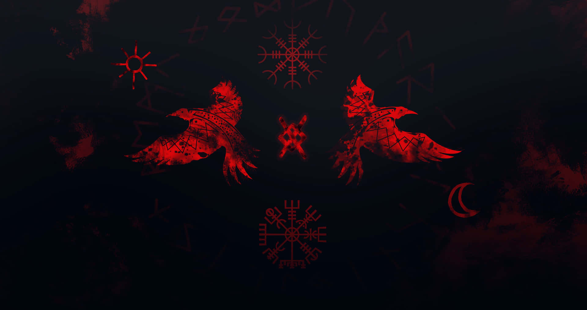 兩隻紅色烏鴉在黑暗背景上飛翔，帶有北歐符文和符號 — 維京人 GIF 壁紙