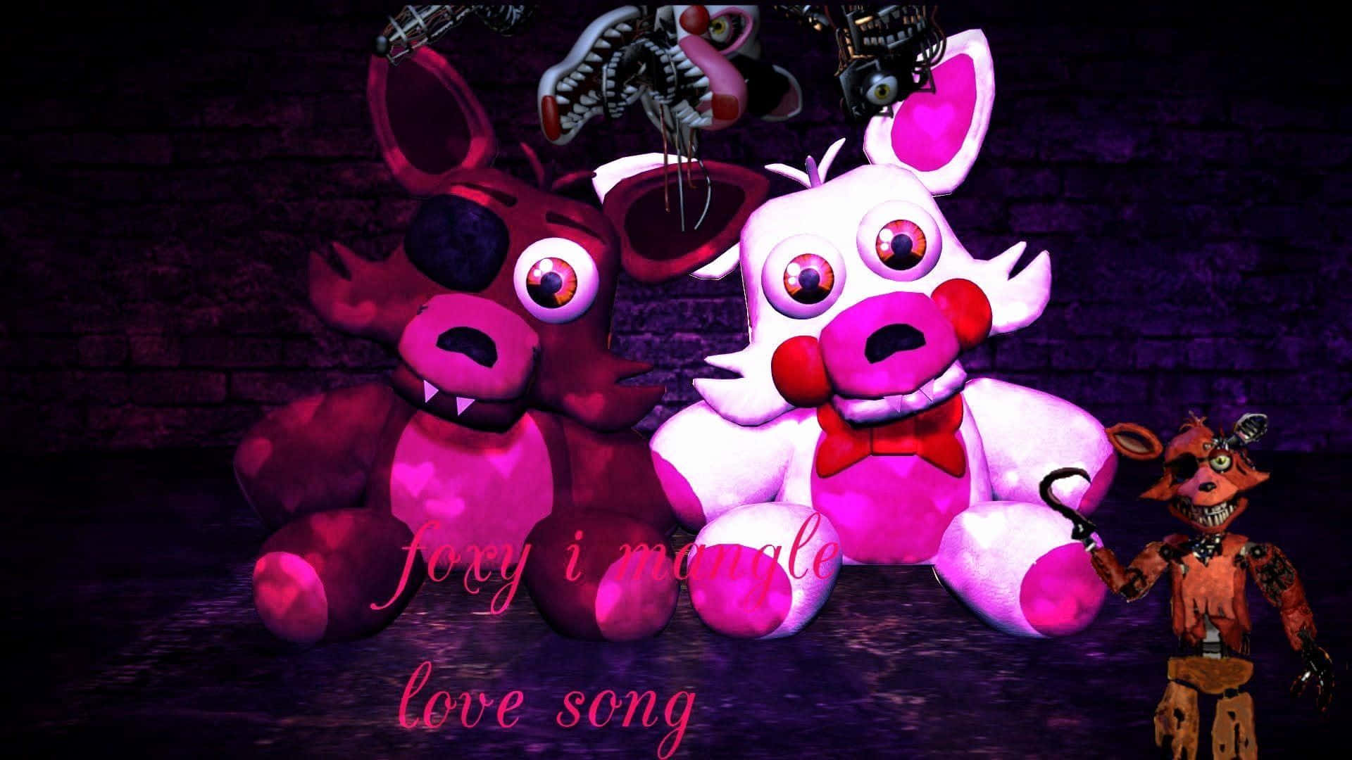 Foxy The Pirate 桌布 壁紙 — 兩隻發光的電子動畫豬和一隻狐狸站在黑暗的磚房裏，在詭異的粉紅色燈光下。