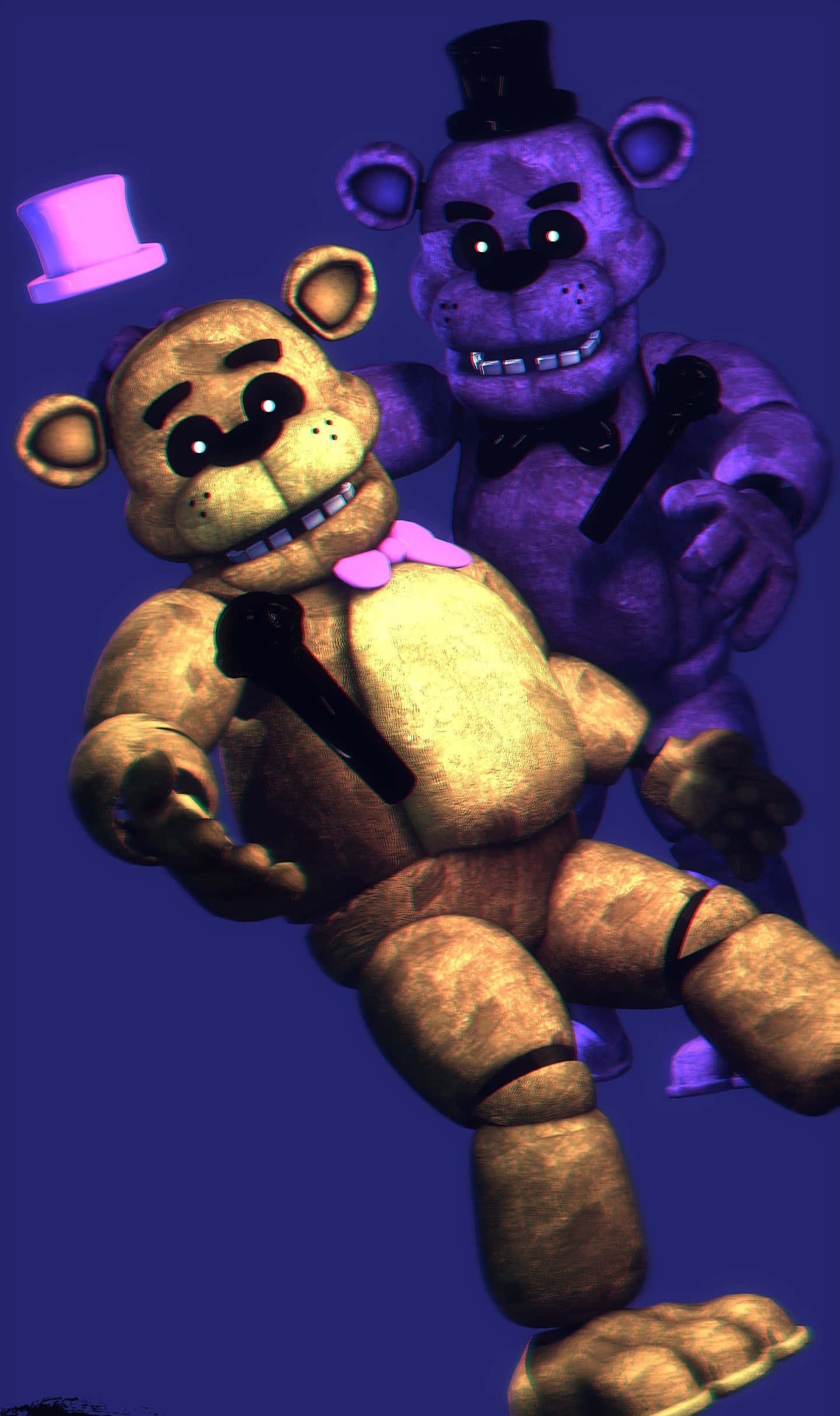 Golden Freddy 桌布 壁紙 — 兩隻發光眼睛、戴高帽的機械熊在深藍色背景下擺出威脅姿勢。