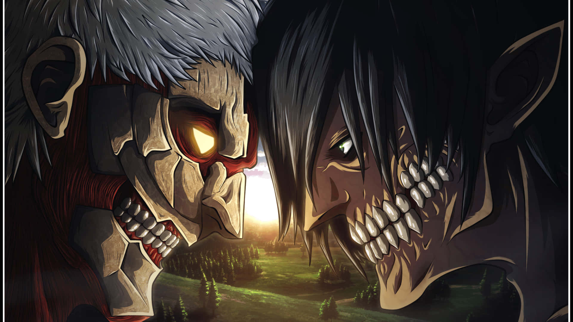 Armored Titan 桌布 壁紙 — 兩隻發光眼睛的巨型泰坦在日落背景下於森林山谷上對峙。