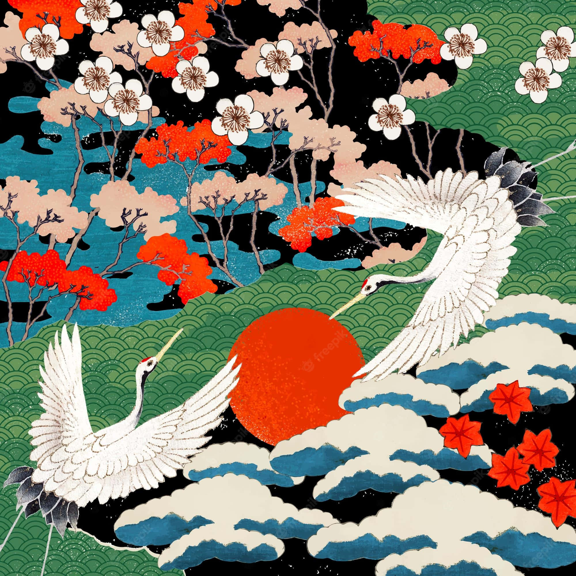 Japanese 桌布 壁紙 — 兩隻白鶴在傳統日本藝術中，優雅地翱翔於風格化的雲朵和初升的紅日之上，周圍是盛開的樹木。